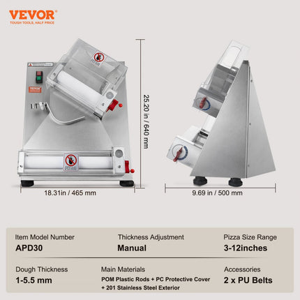 VEVOR Pizzadeegdeegpers 76,2 tot 304,8 mm, 1-5,5 mm diktevervaardigingsmachine voor het persen van pizza Handmatige keuken, 260 stks/u elektrische pizzadeegpers, commerciële roestvrijstalen deegroller