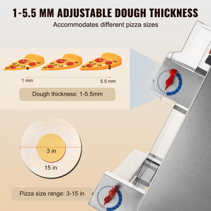 VEVOR Pizzadeegdeegpers 76,2 tot 381 mm, 1-5,5 mm dikte Making Machine voor het persen van pizza Handkeuken, 260 stks / uur elektrische pizzadeegpers, commerciële roestvrijstalen deegroller