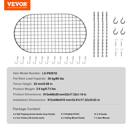 VEVOR Plafondhangend pottenrek 32 inch pottenrek met 12 S-haken