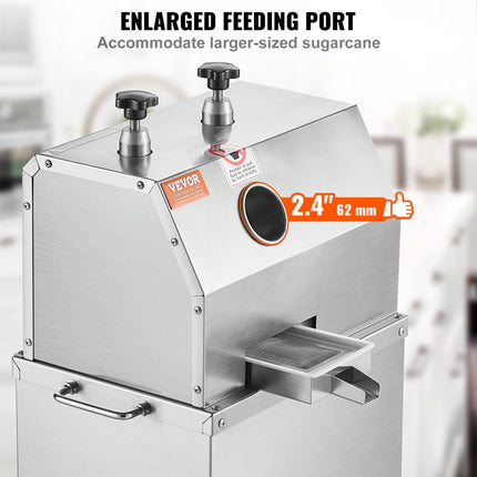 VEVOR elektrische suikerrietpers, 750 W suikerrietpers met 300 kg/u hoog vermogen, 3 roestvrijstalen rollen, 2,4 inch grote inlaat, suikerrietpers op wielen voor thuis/commercieel