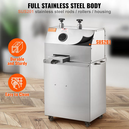 VEVOR elektrische suikerrietpers, 750 W suikerrietpers met 300 kg/u hoog vermogen, 3 roestvrijstalen rollen, 2,4 inch grote inlaat, suikerrietpers op wielen voor thuis/commercieel