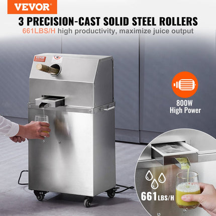 VEVOR elektrische suikerrietpers, 800 W suikerrietpers met 300 kg/u hoge prestaties, 3 roestvrijstalen rollen, 62 mm grote inlaat, inclusief schilblad Suikerrietpers Oprolbaar commercieel