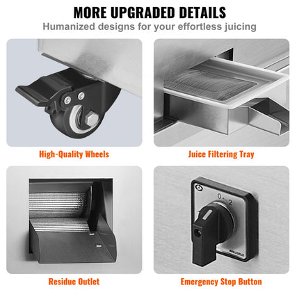 VEVOR elektrische suikerrietpers, 800 W suikerrietpers met 300 kg/u hoge prestaties, 3 roestvrijstalen rollen, 62 mm grote inlaat, inclusief schilblad Suikerrietpers Oprolbaar commercieel