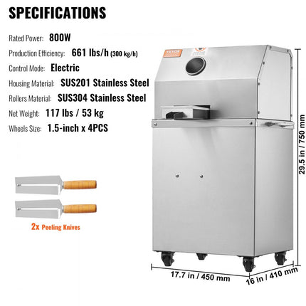 VEVOR elektrische suikerrietpers, 800 W suikerrietpers met 300 kg/u hoge prestaties, 3 roestvrijstalen rollen, 62 mm grote inlaat, inclusief schilblad Suikerrietpers Oprolbaar commercieel