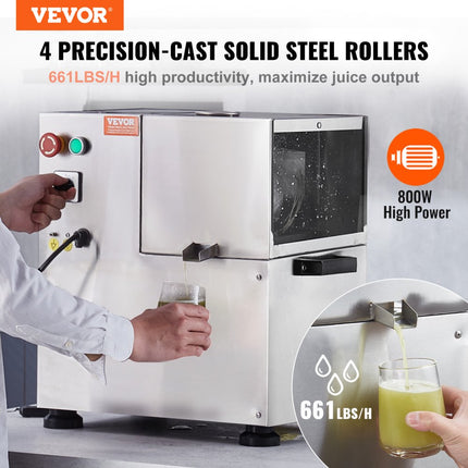 VEVOR elektrische suikerrietpers, 800 W suikerrietpers met 300 kg/u hoog vermogen, 4 roestvrijstalen rollen, 60,96 mm grote inlaat, inclusief schilblad Suikerrietpers Commercieel