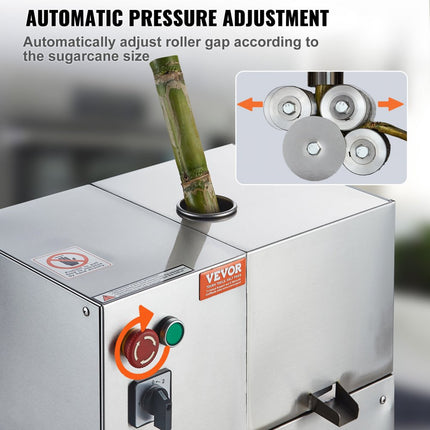 VEVOR elektrische suikerrietpers, 800 W suikerrietpers met 300 kg/u hoog vermogen, 4 roestvrijstalen rollen, 60,96 mm grote inlaat, inclusief schilblad Suikerrietpers Commercieel