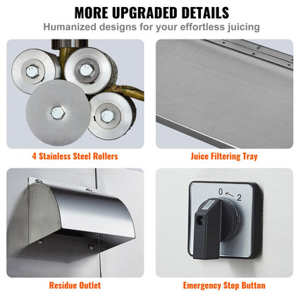 VEVOR elektrische suikerrietpers, 800 W suikerrietpers met 300 kg/u hoog vermogen, 4 roestvrijstalen rollen, 60,96 mm grote inlaat, inclusief schilblad Suikerrietpers Commercieel