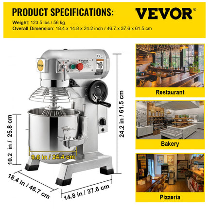 VEVOR Keukenmachine, Commerciële Kneedmachine met 10Qt RVS Kom, 850W Zware Elektrische Keukenrobot met 3 Snelheden 113/184/341RPM, Deeghaak Klopklopper Inbegrepen, Staande Mixer voor Bakkerij Pizzeria