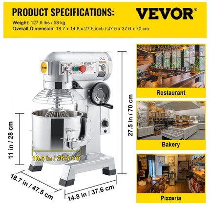 VEVOR Keukenmachine, Commerciële Kneedmachine met 15Qt RVS Kom, 850W Zware Elektrische Keukenrobot met 3 Snelheden 113/184/341RPM, Deeghaak Klopklopper Inbegrepen, Staande Mixer voor Bakkerij Pizzeria