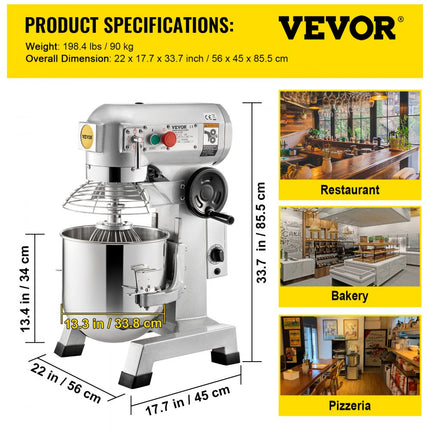 VEVOR Keukenmachine, Commerciële Kneedmachine met 30 Qt RVS Kom, 1500 W Zware Elektrische Keukenrobot 3 Snelheden 108/199/382 RPM, Deeghaak Klopklopper Inbegrepen, Staande Mixer voor Bakkerij Pizzeria