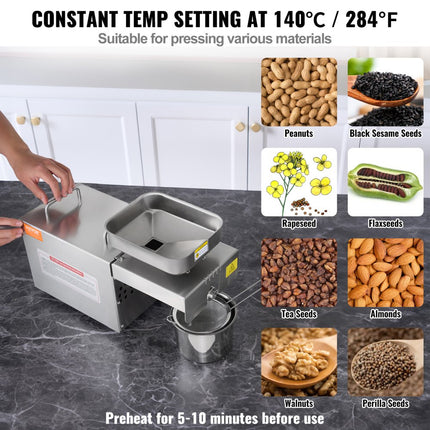 VEVOR elektrische oliepers, 700 W roestvrijstalen olie-extractiemachine, 140 ℃ constante temperatuur, hete persoliepers voor het persen van pinda's, sesamzaad, koolzaad, theezaden