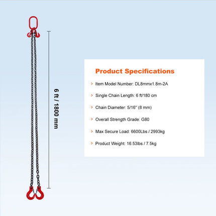 VEVOR 1,8mx8mm hijsketting hijsketting kraanketting 2-strengs bosbouwketting 2993kg