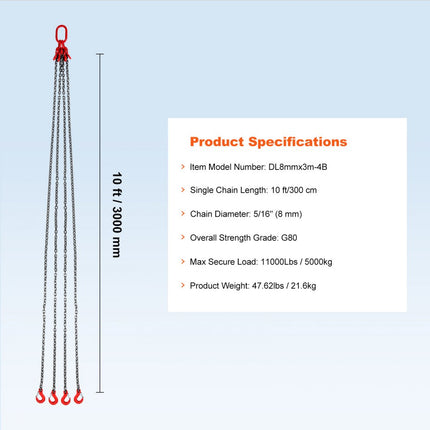 VEVOR 3mx8mm hijsketting hijsketting kraanketting 4-strengs bosbouwketting 5000kg