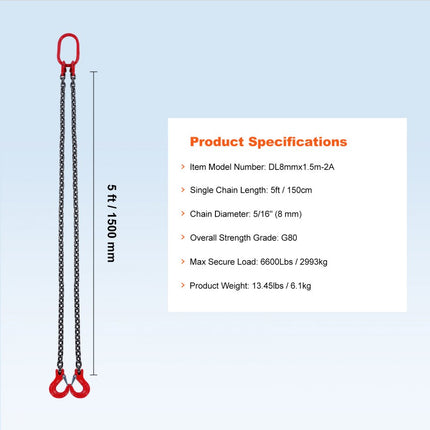 VEVOR 1,5mx8mm hijsketting hijsketting kraanketting 2-strengs bosbouwketting 2993kg
