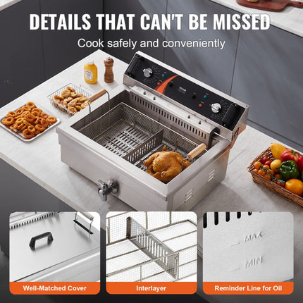 VEVOR Commerciële Elektrische Friteuse 2250W 20L RVS Upgrade 200°C