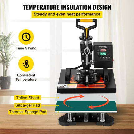 VEVOR Warmte Persmachine 2-in-1 Transferpers 25,4 x 30,5 cm Hittepers 650 W Textielpers Diy Warmtepers 0-250 °C Hete Pers 360 Grand Draaibare Basis