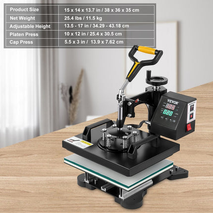 VEVOR Warmte Persmachine 2-in-1 Transferpers 25,4 x 30,5 cm Hittepers 650 W Textielpers Diy Warmtepers 0-250 °C Hete Pers 360 Grand Draaibare Basis