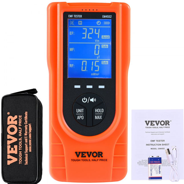 VEVOR 3-in-1 EMF-meter 5 Hz - 3,5 GHz Draagbare oplaadbare elektromagnetische veldstralingsdetector Digitale LCD EMF-tester voor EF MF RF-huisinspecties
