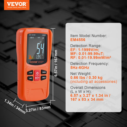 VEVOR 3-in-1 EMF-meter 5Hz-6GHz draagbare oplaadbare elektromagnetische veldstralingsdetector Digitale LCD EMF-tester voor EF/MF/RF-huisinspecties 5G celtorentemperatuur