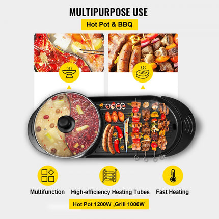 VEVOR 2 in 1 Bbq Grill Hete Pot 2200W Multifunctionele Elektrische Grill Hot Pot 67 x 28 x 17 cm Grill Indoor Hot Pot Gemaakt van Aluminium Roestvrij