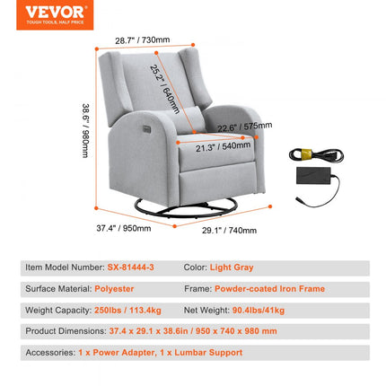 VEVOR elektrische fauteuil met draai- en schuiffunctie, draagvermogen van 250 lb, draaibare fauteuil met draai- en verstelbare hoek, met polyester oppervlak voor woonkamer, slaapkamer, lichtgrijs
