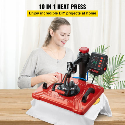 VEVOR Warmte Persmachine Heat Press Machine 12x15 Sublimatie Printer Digitaal LED-Display Transferpers 10 in 1 Rood Hittepers met Benodigde Accessoire