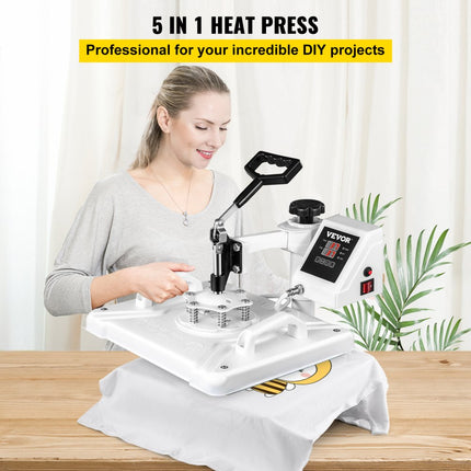 VEVOR Warmte Persmachine Transferpers Hittepers 5in1 Heat Press 30 x 38 cm met T-Shirt/Mokken/Hoed/Schoenpers Wit