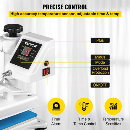 VEVOR Warmte Persmachine Transferpers Hittepers 5in1 Heat Press 30 x 38 cm met T-Shirt/Mokken/Hoed/Schoenpers Wit