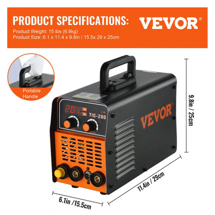 VEVOR TIG-200C TIG/MMA ARC-combinatielasmachine-omvormer 20-200A 40W 230V lasser, 1-3,2 mm TIG-elektroden, 1-4 mm MMA-elektroden, IP21 waterdicht, automatische uitschakelfunctie