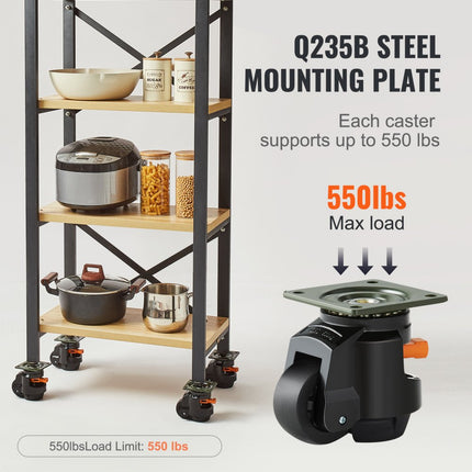 VEVOR set van 4 zwenkwielen φ63,5 mm meubelwielen 360 graden draaibare transportwielen 1 ton draagvermogen zware wielen van nylon nivelleerwielen lastwielen voor houten planken meubelwerkbanken