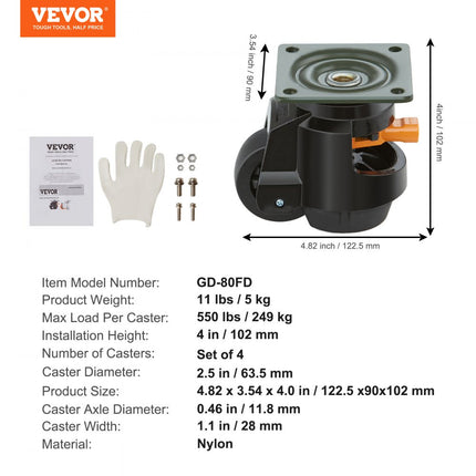 VEVOR set van 4 zwenkwielen φ63,5 mm meubelwielen 360 graden draaibare transportwielen 1 ton draagvermogen zware wielen van nylon nivelleerwielen lastwielen voor houten planken meubelwerkbanken