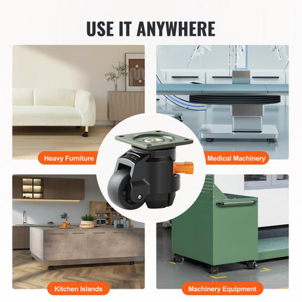 VEVOR set van 4 zwenkwielen, φ50,8 mm, meubelwielen, in hoogte verstelbaar, transportwielen, draagvermogen 0,5 ton, zwaarlastwielen van nylon, nivelleerwielen, lastwielen, loopwielen voor houten planken, meubels, werkbanken