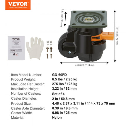 VEVOR set van 4 zwenkwielen, φ50,8 mm, meubelwielen, in hoogte verstelbaar, transportwielen, draagvermogen 0,5 ton, zwaarlastwielen van nylon, nivelleerwielen, lastwielen, loopwielen voor houten planken, meubels, werkbanken
