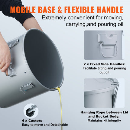 VEVOR Friteusevetemmer, 30L olieafvoercontainer met rolbodem, koolstofstaal met roestvrije coating, olietransportcontainer met deksel, sluitclips
