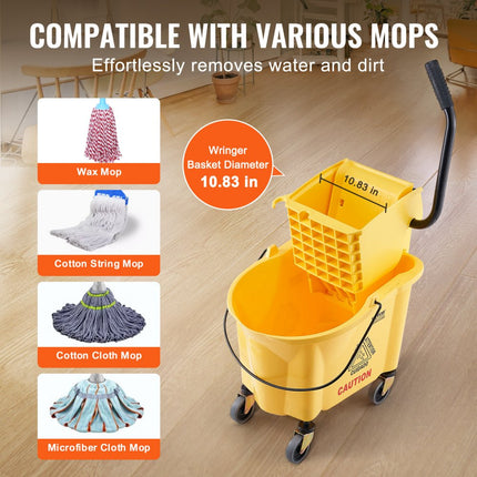 VEVOR Mop Emmer Mop Emmer met Wringer, 26 QT Commerciële Mop Emmer met Zijpers, Mop Emmer en Wringer Combo op Wielen, Professioneel/Industriële/Commerciële Vloerreiniging, Geel