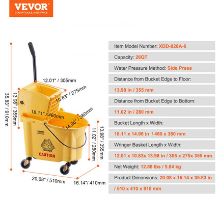 VEVOR Mop Emmer Mop Emmer met Wringer, 26 QT Commerciële Mop Emmer met Zijpers, Mop Emmer en Wringer Combo op Wielen, Professioneel/Industriële/Commerciële Vloerreiniging, Geel