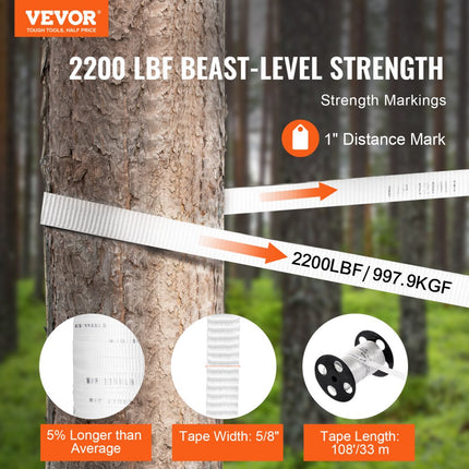 VEVOR polyester trekkoord 33m x 1,6cm 998kgf trekcapaciteit bedrukte kabeltrekband voor verpakking, tuinieren, commerciële elektriciteit, bedrading, wit