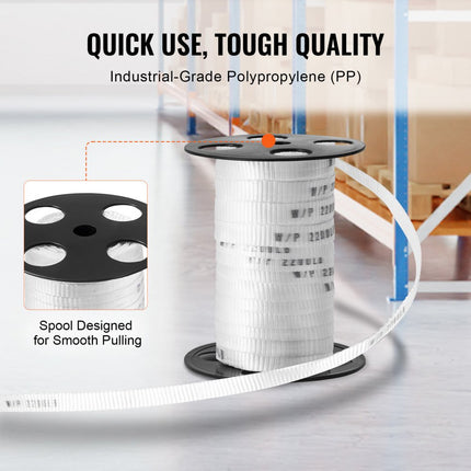 VEVOR polyester trekkoord 33m x 1,6cm 998kgf trekcapaciteit bedrukte kabeltrekband voor verpakking, tuinieren, commerciële elektriciteit, bedrading, wit