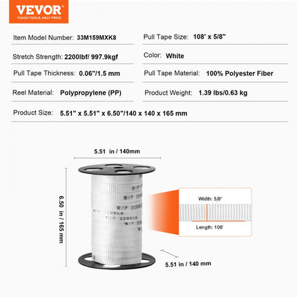 VEVOR polyester trekkoord 33m x 1,6cm 998kgf trekcapaciteit bedrukte kabeltrekband voor verpakking, tuinieren, commerciële elektriciteit, bedrading, wit