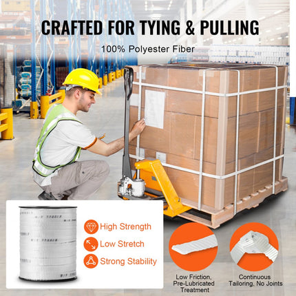 VEVOR polyester spanband 38' x 0,6'' 998 kgf trekvermogen bedrukte kabeltrekband voor verpakking, tuinieren, commerciële elektriciteit, bedrading, wit