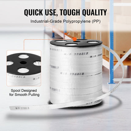 VEVOR polyester spanband 38' x 0,6'' 998 kgf trekvermogen bedrukte kabeltrekband voor verpakking, tuinieren, commerciële elektriciteit, bedrading, wit
