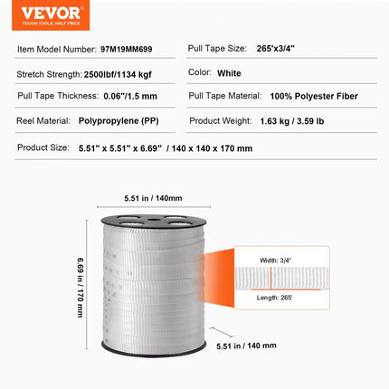 VEVOR Polyester trekkoord 32ft x 3/4" 1134kgf Trekcapaciteit Gedrukte kabeltrekband voor verpakking, tuinieren, commerciële elektriciteit, bedrading, wit