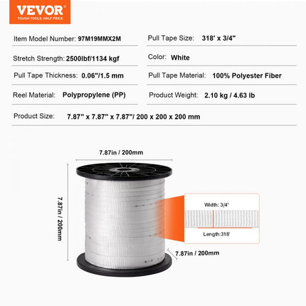 VEVOR polyester trekkoord 38' x 3/4'' 1134 kgf trekvermogen bedrukte kabeltrekband voor verpakking, tuinieren, commerciële elektriciteit, bedrading, wit