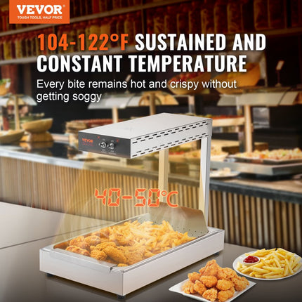 VEVOR Frieten Voedselverwarmer, 750W Commerciële Voedselverwarmingslamp, Elektrisch roestvrijstalen warmtelichtafgiftestation, Aanrecht 104-122°F Frieten Voedselverwarmer voor Frieten Buffet Keuken Restaurant