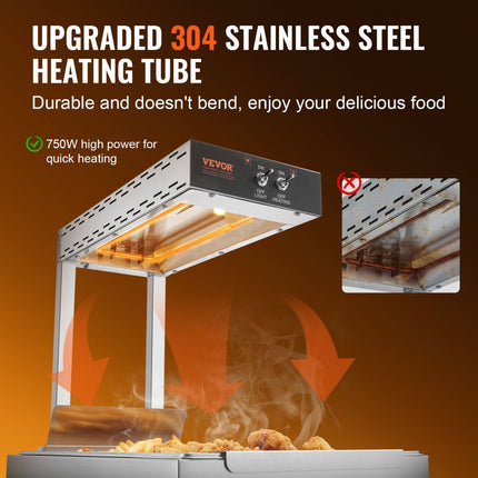VEVOR Frieten Voedselverwarmer, 750W Commerciële Voedselverwarmingslamp, Elektrisch roestvrijstalen warmtelichtafgiftestation, Aanrecht 104-122°F Frieten Voedselverwarmer voor Frieten Buffet Keuken Restaurant
