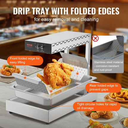 VEVOR Frieten Voedselverwarmer, 750W Commerciële Voedselverwarmingslamp, Elektrisch roestvrijstalen warmtelichtafgiftestation, Aanrecht 104-122°F Frieten Voedselverwarmer voor Frieten Buffet Keuken Restaurant