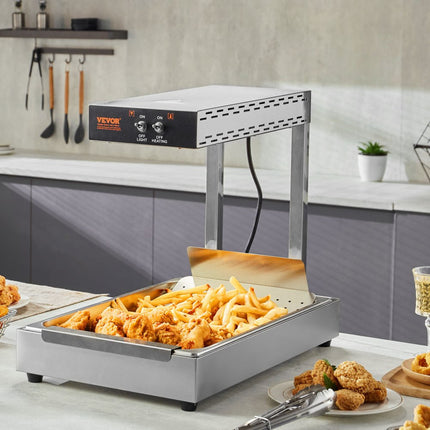 VEVOR Frieten Voedselverwarmer, 750W Commerciële Voedselverwarmingslamp, Elektrisch roestvrijstalen warmtelichtafgiftestation, Aanrecht 104-122°F Frieten Voedselverwarmer voor Frieten Buffet Keuken Restaurant