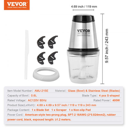 VEVOR elektrische keukenmachine vleesmolen 400 W, multifunctionele hakmolen, 600 ml vulcapaciteit, blender 3000 tpm + 4000 tpm, groentesnijder inclusief glazen kom & mes & schraper zilver