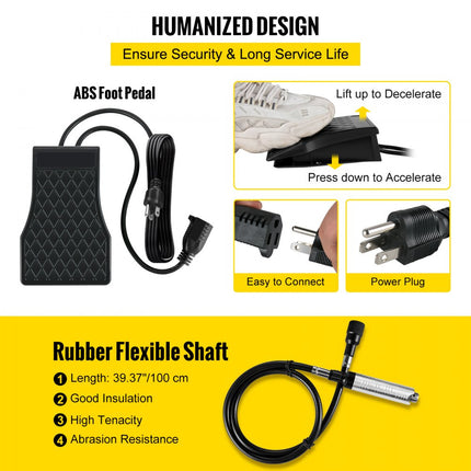 VEVOR Flex Shaft Grinder 380W Hangende Slijpmachine 500-23K TPM Hangmolen Flexshaft Grinder Machine met 1/4 inch 3-klauwplaat & Traploze Voetpedaal 131STKS Accessoires voor Sieraden Polijsten Slijpen