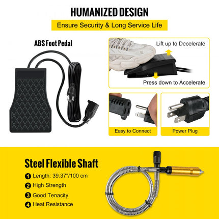 VEVOR Flex Shaft Grinder 780W Hangende Slijpmachine 500-23K TPM Hangmolen Flexshaft Grinder Machine met 1/4 inch 3-klauwplaat & Traploze Voetpedaal 131STKS Accessoires voor Sieraden Polijsten Slijpen